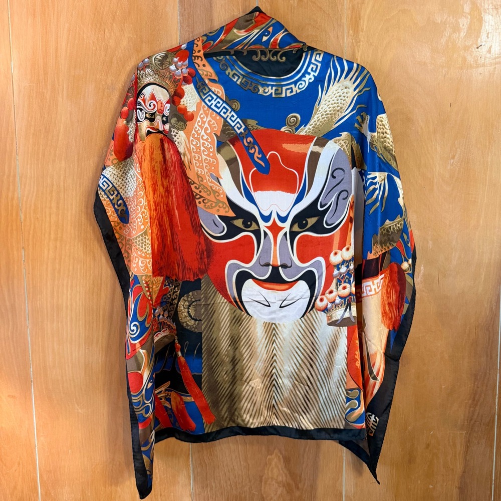 Vintage 100% Silk Chinese Opera Mask Scarf Large Square Wrap Red Blue Gold